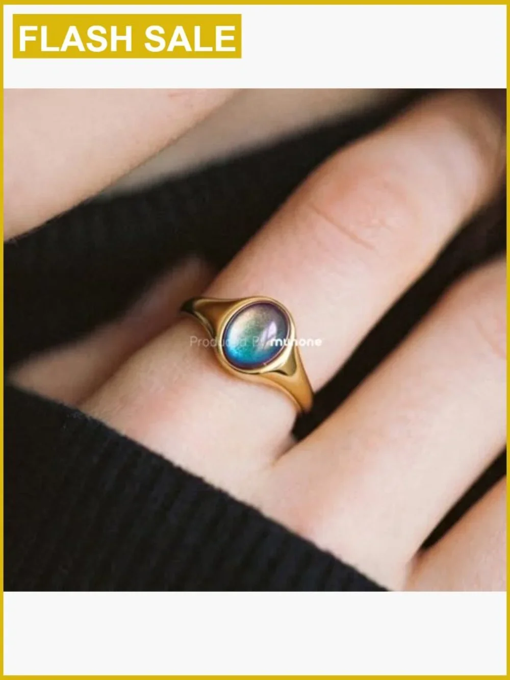 Mood Ring 8mm Signet Ring for Women Gold Plated Stainless Steel Vintage Gift